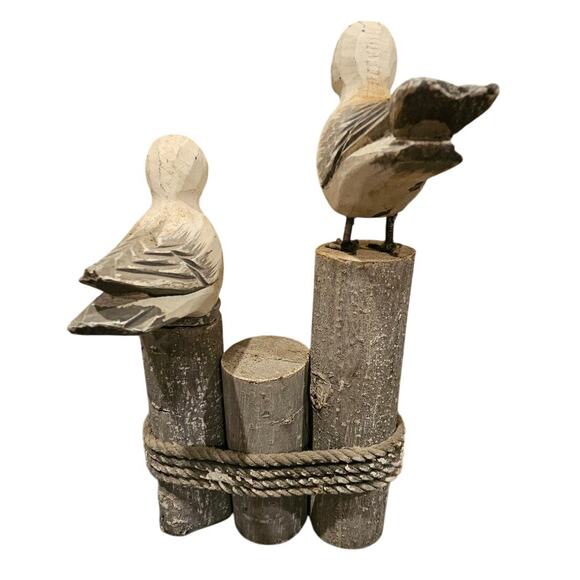 Two Seagulls on Wood Pier Posts Hand Made Figurine Decor Nautical Maritime Rope - Picture 2 of 14
